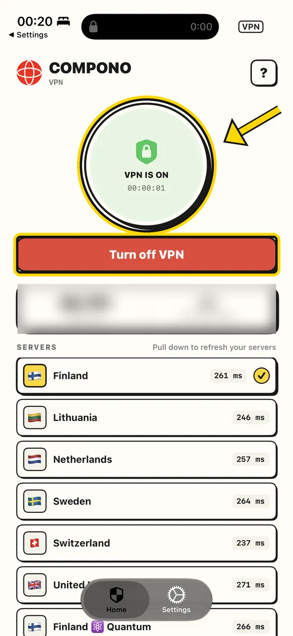 Главный экран Compono с включённым VPN